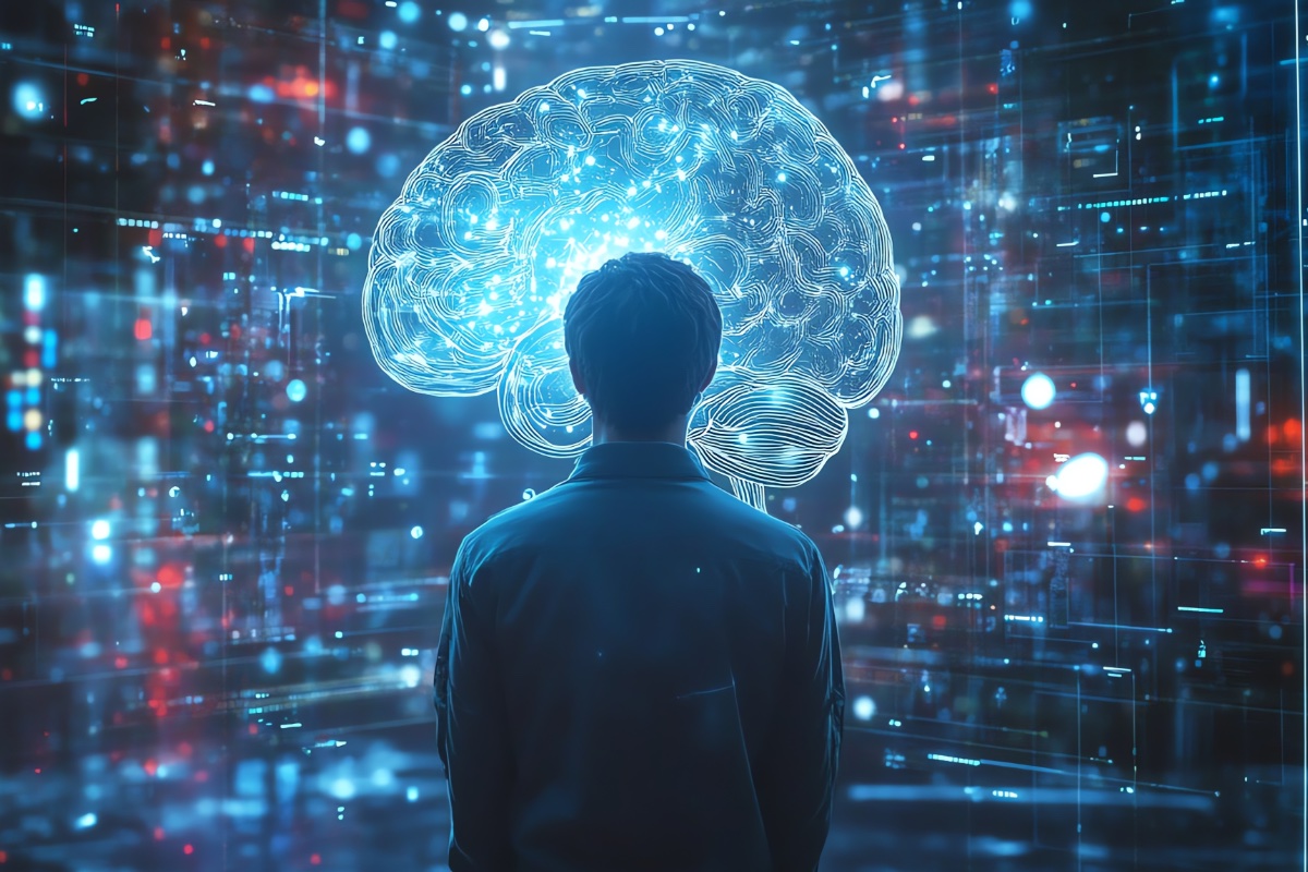 A man seen from behind, facing a large glowing visualization of a brain