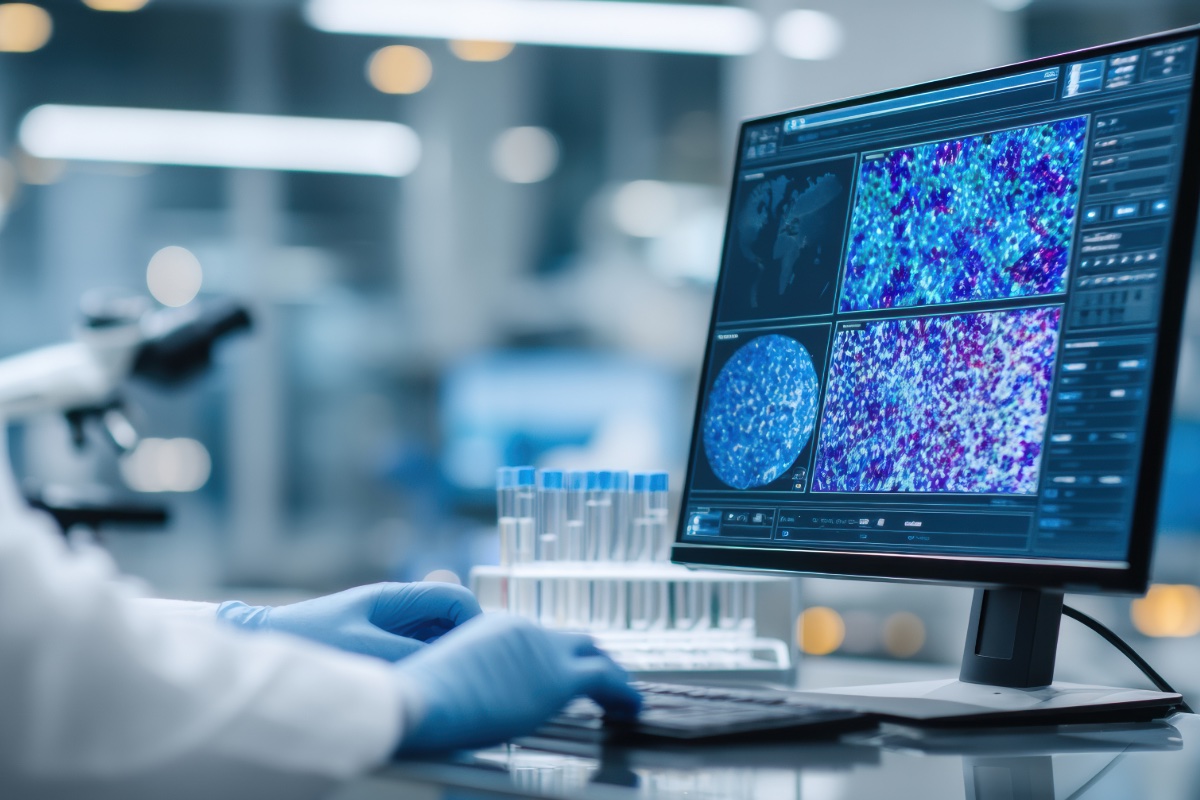 A scientist at a laboratory computer reviewing colourful microbiome imaging on screen, with sample tubes beside the monitor
