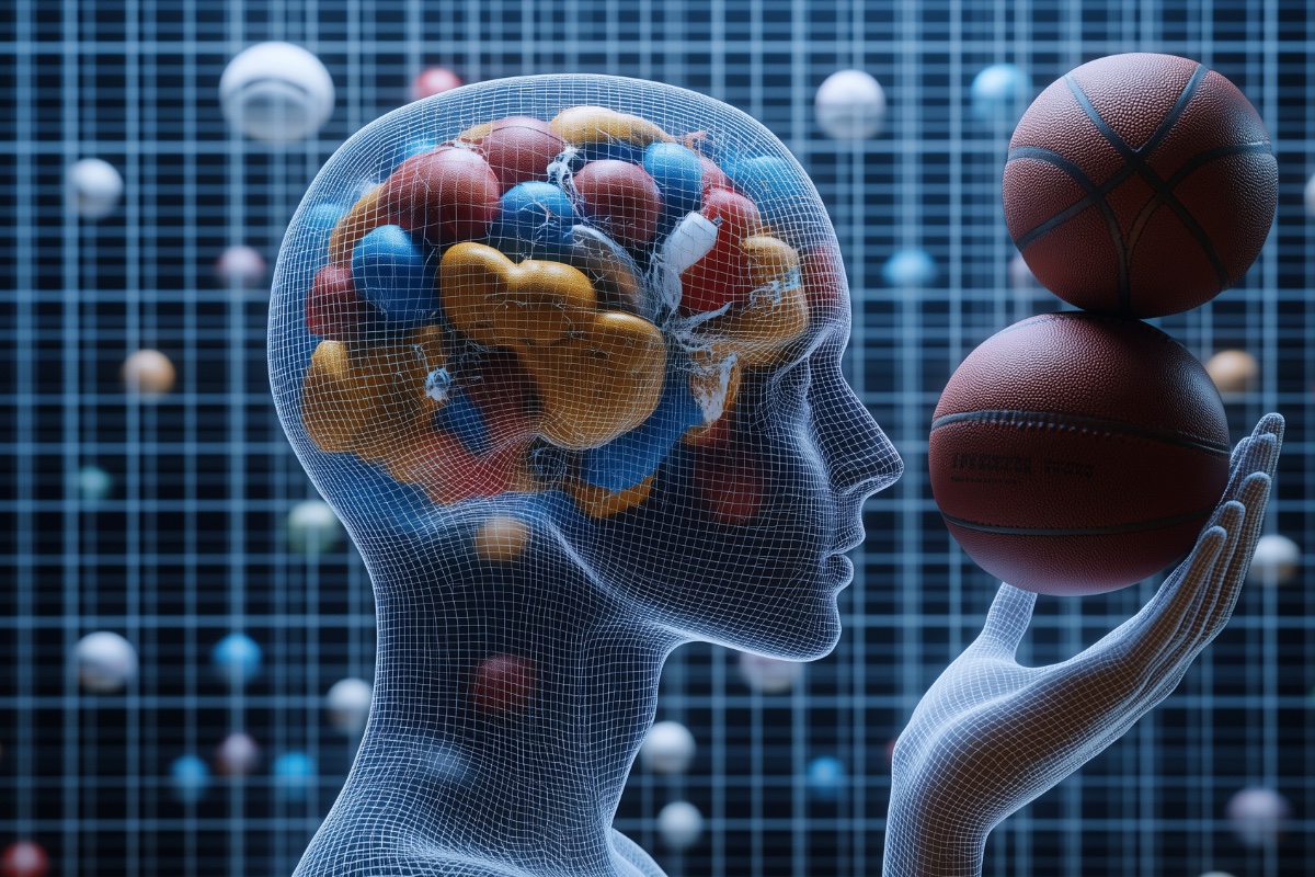 A wireframe head and hand balancing two basketballs, the brain shown in colour inside the head