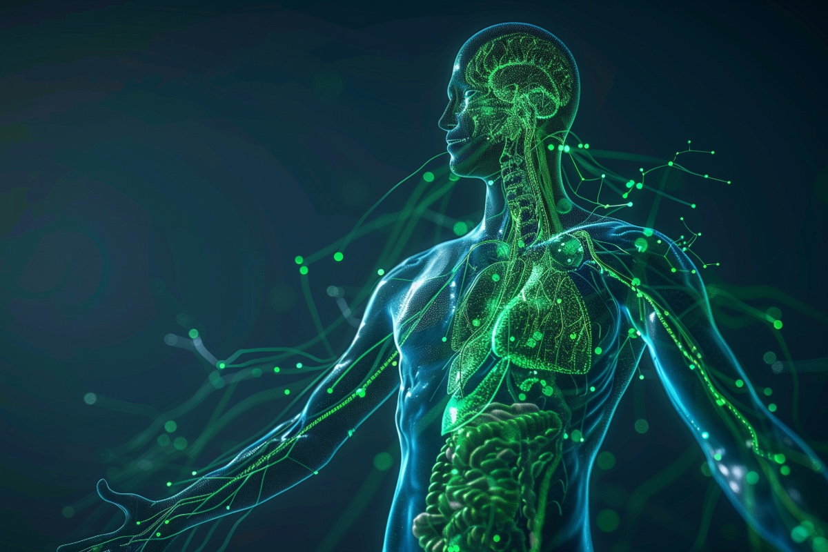 A translucent human figure with the lymphatic network glowing green across the brain, chest and body