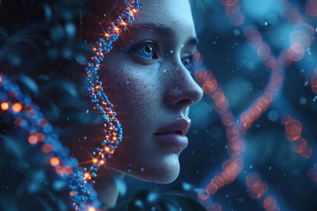 A woman's profile surrounded by glowing DNA strands — our opening artwork