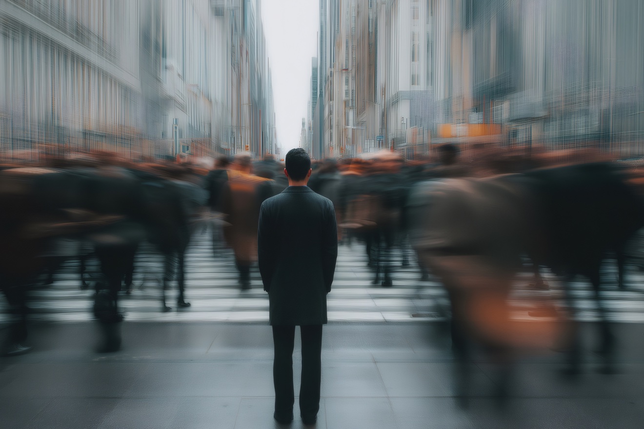 A man standing still in a busy city crosswalk as the crowd blurs past around him