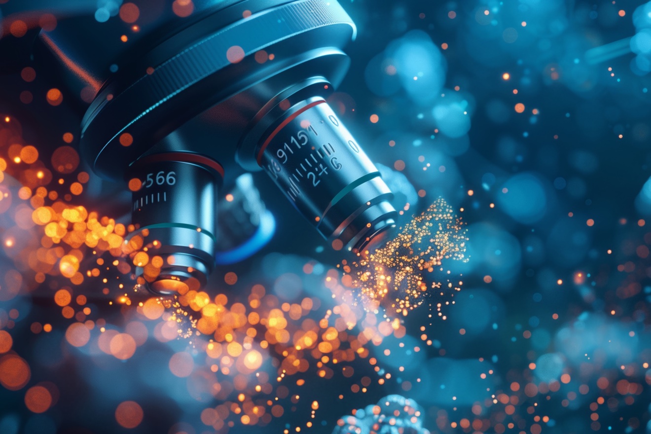 Close-up of microscope objective lenses over glowing orange and blue particles