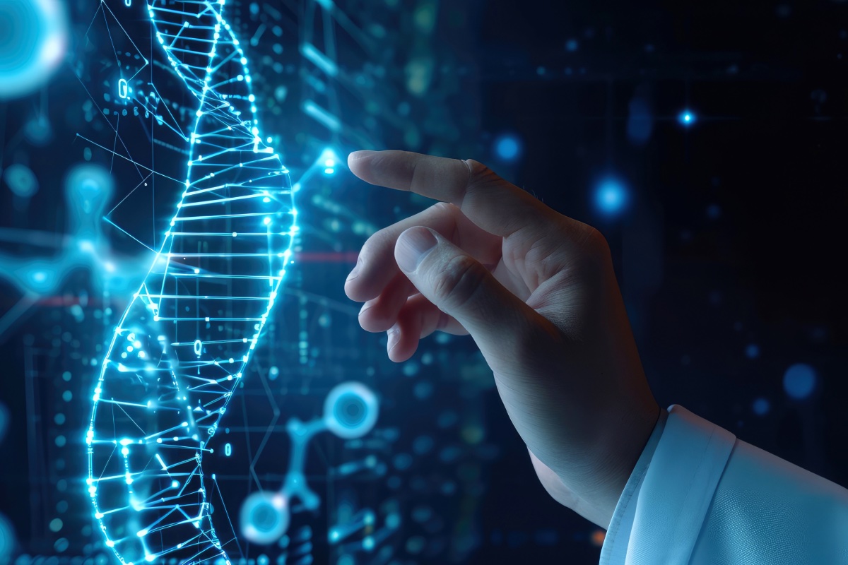 A hand reaching towards a glowing digital DNA double helix